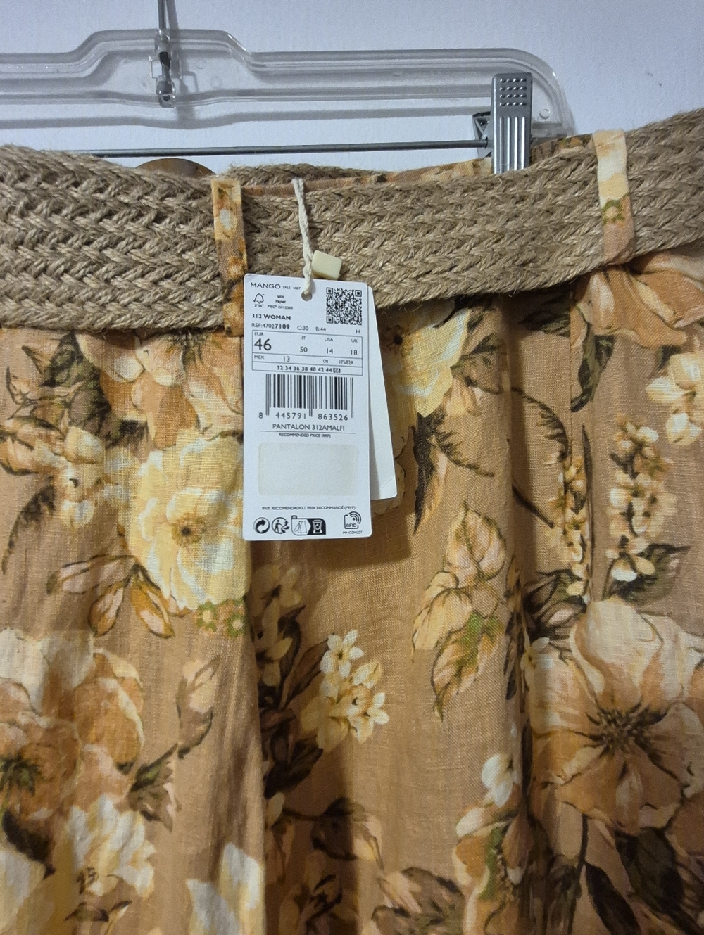 Mango Floral Wide-Leg Linen Pants with Woven Belt Size 46 - Picture 10 of 10